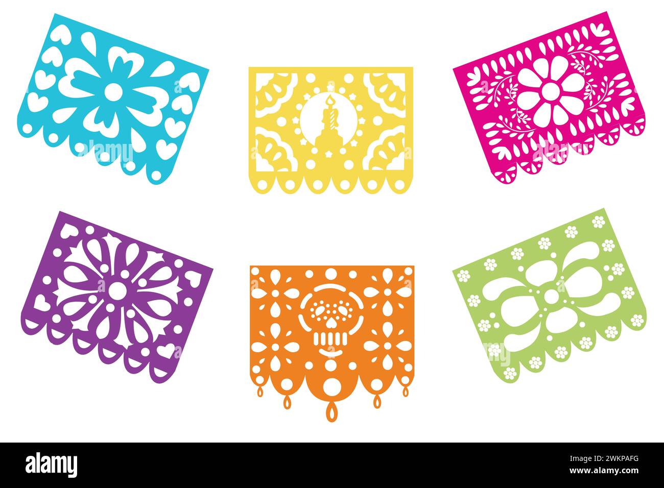 A set of paper decorations for the Mexican holiday Day of the Dead. Vector illustration isolated on white background. Stock Vector