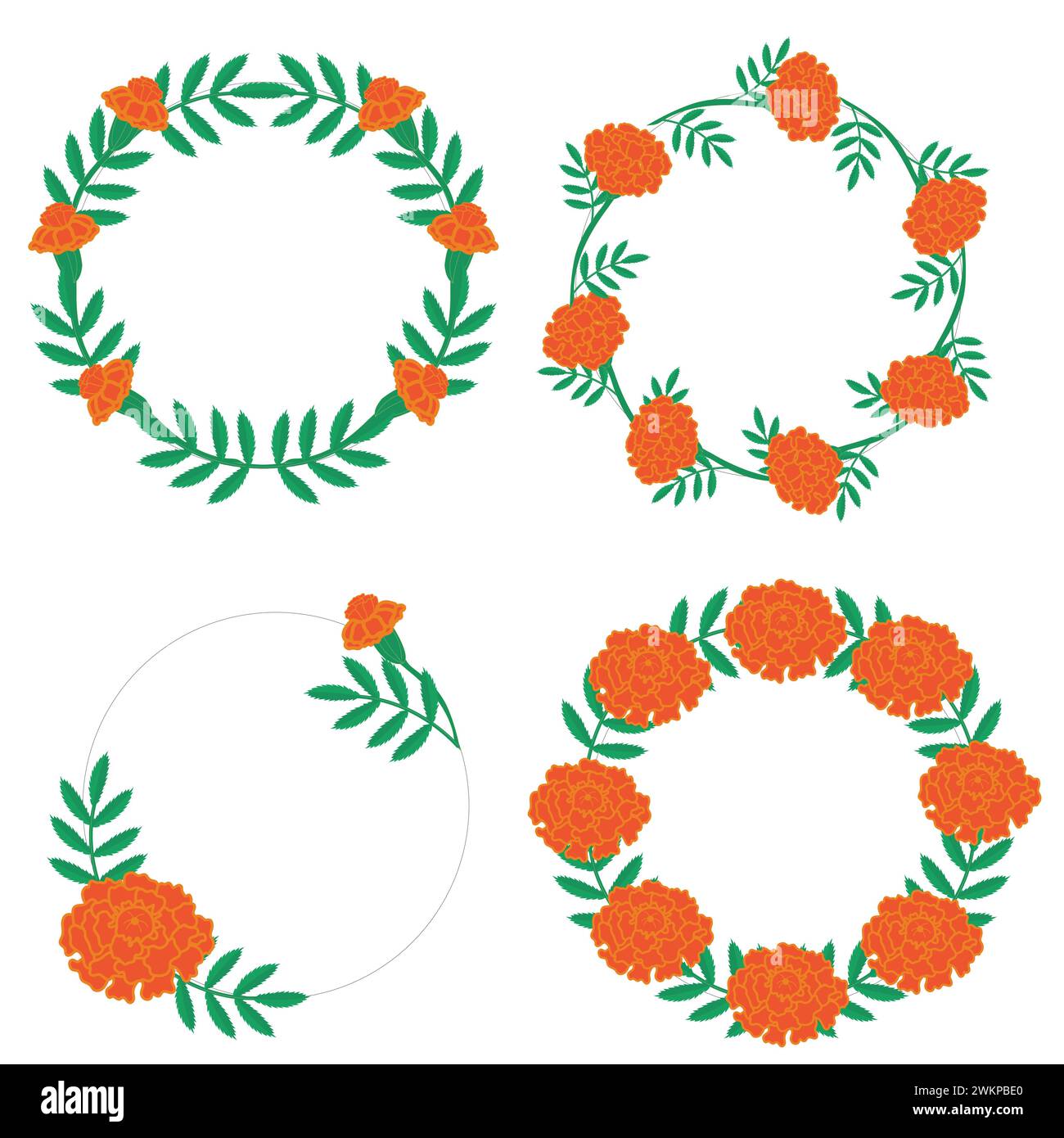 Set of wreaths of marigold flowers. Vector illustration isolated on white background. Stock Vector