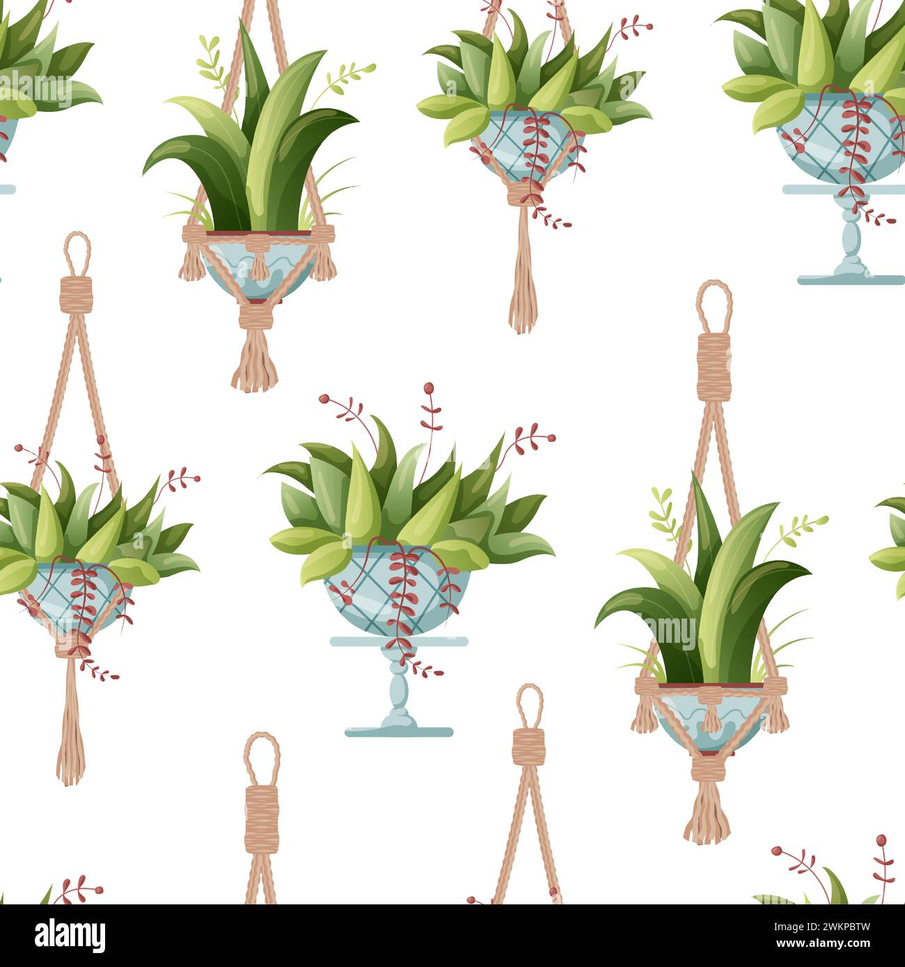 Seamless pattern. Houseplant and macrame plant growing in pots. Set of ...