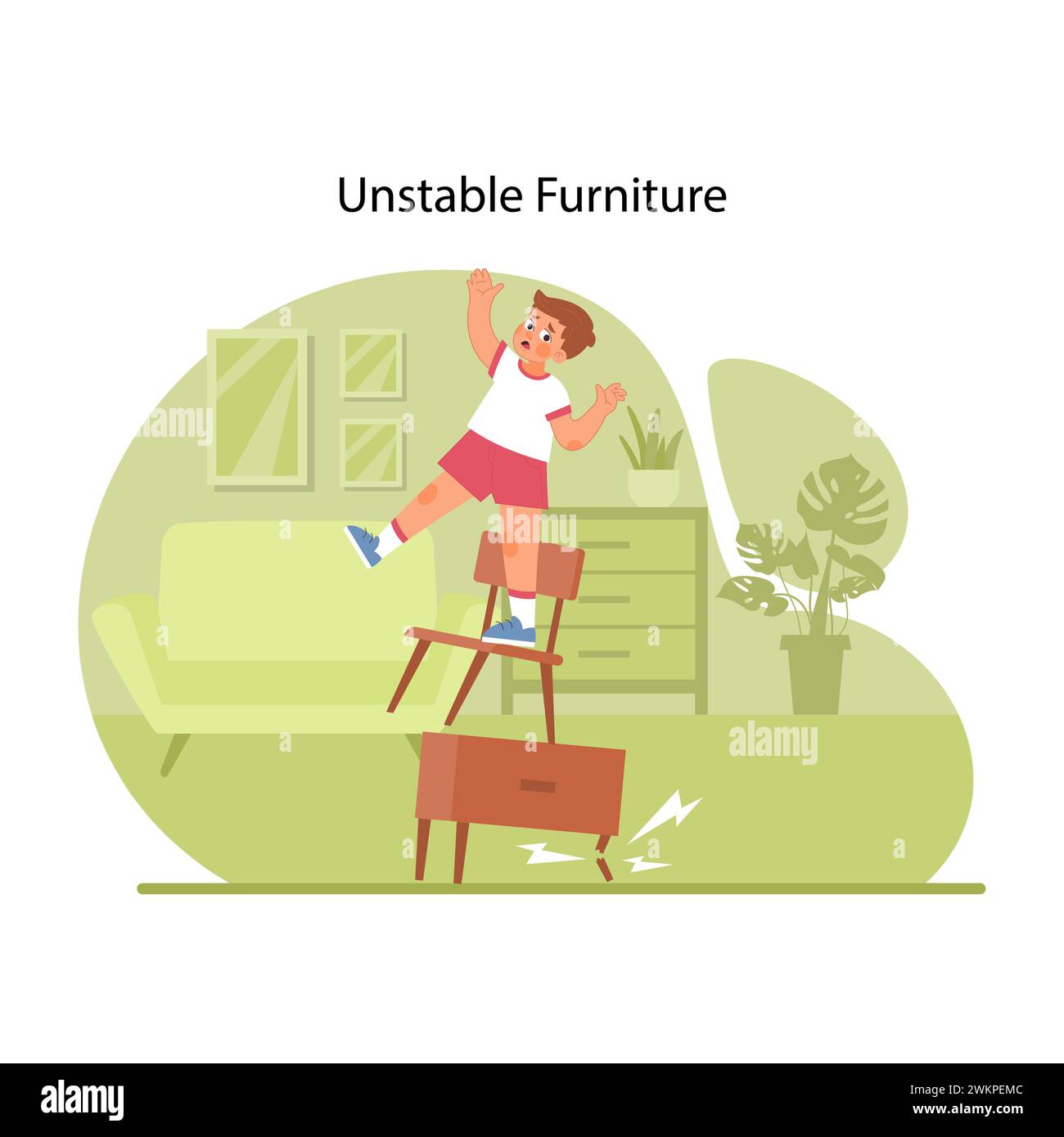 Furniture safety incident. Startled young boy teetering on chair, demonstrating dangers of climbing on unstable furniture. Preventing injuries and accidents with kids. Flat vector illustration Stock Vector