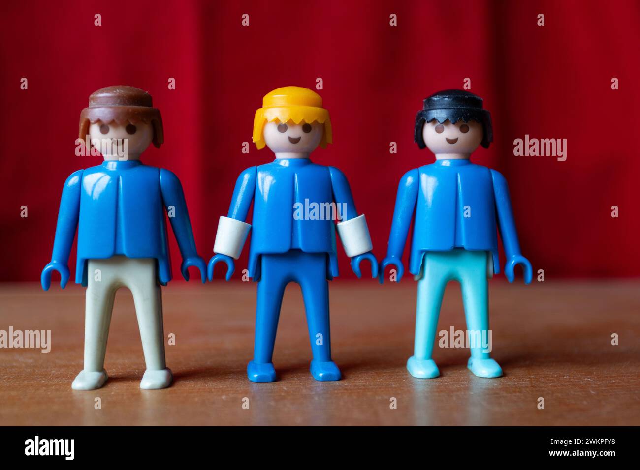 AALST, BELGIUM, 21 FEBRUARY 2024: Three vintage Playmobil toy figures from circa the early 1980s. Playmobil is a German line of toys produced by the B Stock Photo