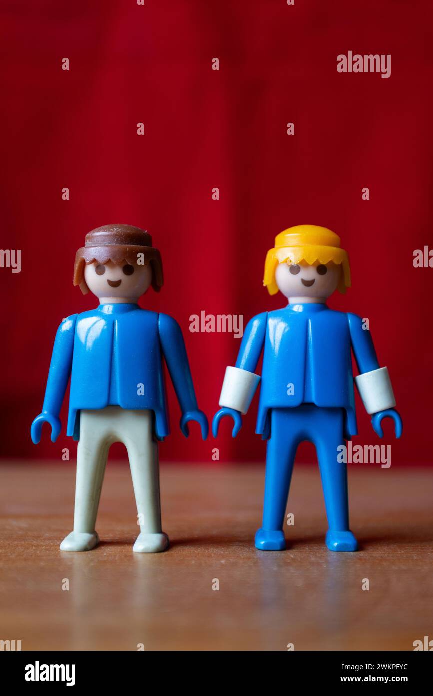 AALST, BELGIUM, 21 FEBRUARY 2024: Two vintage Playmobile toy figures from circa early 1980s. Playmobil is a German line of toys produced by the Brands Stock Photo