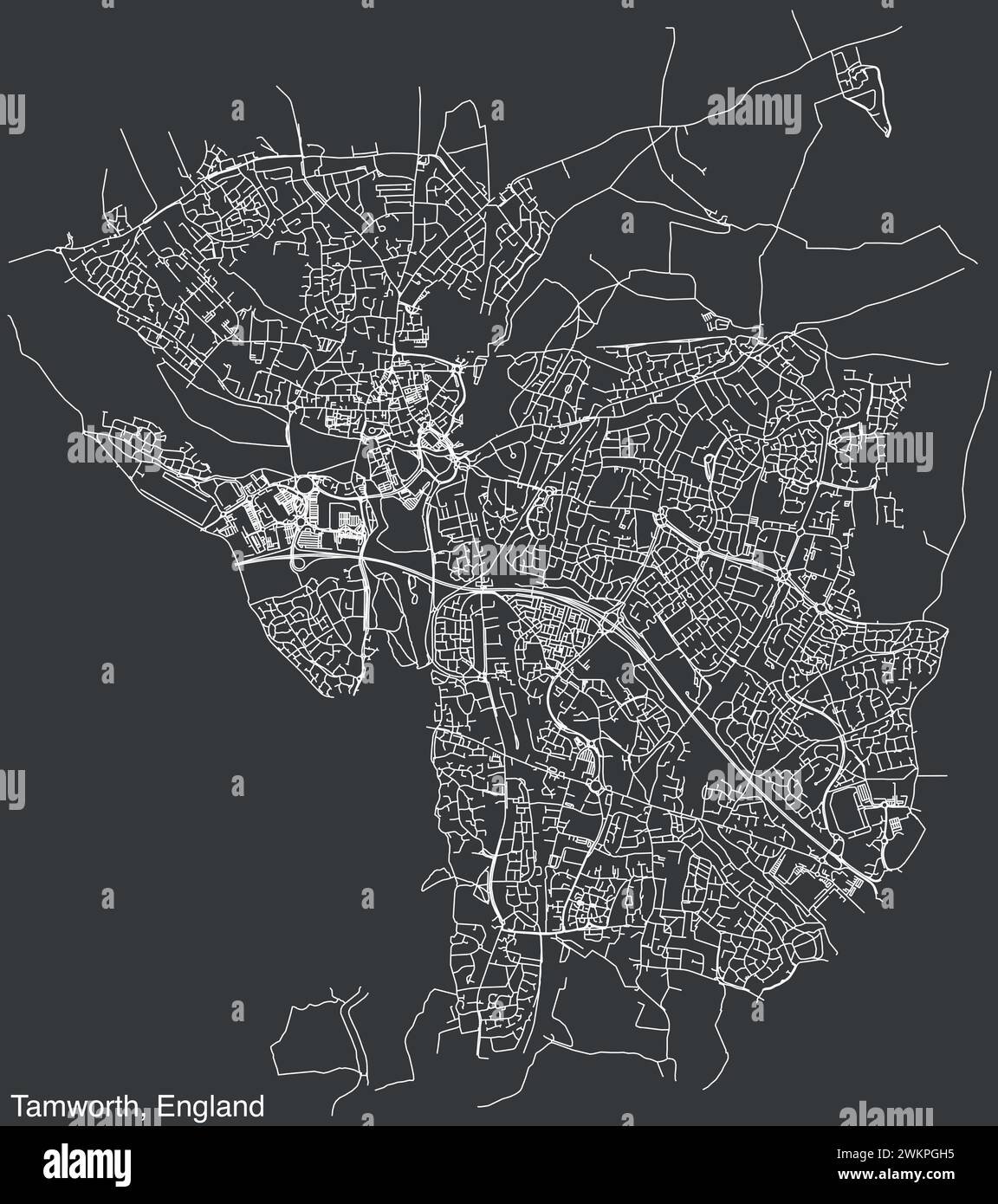 Street roads map of the British city of TAMWORTH, ENGLAND Stock Vector