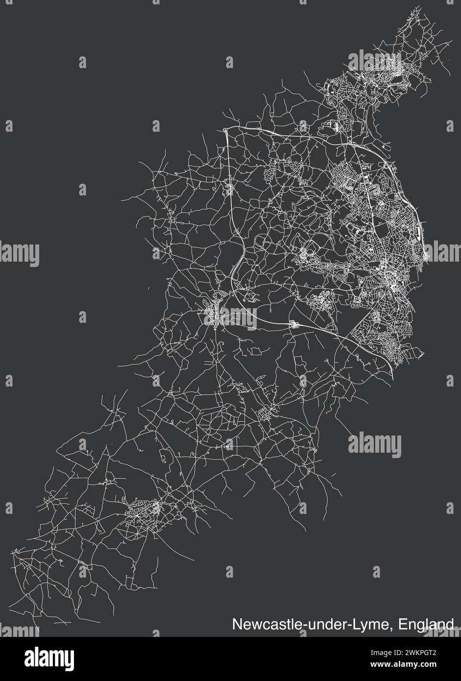 Street roads map of the British city of NEWCASTLE UNDER LYME, ENGLAND