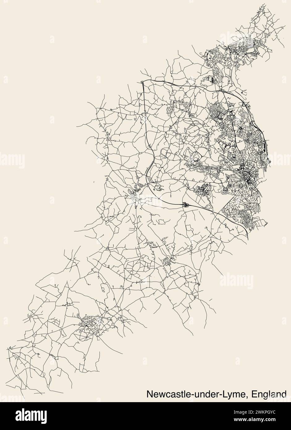 Street roads map of the British city of NEWCASTLE UNDER LYME, ENGLAND