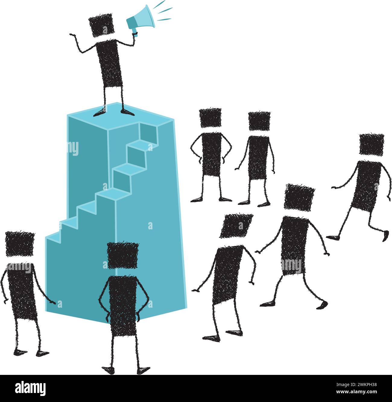 A stick figure is speaking through a megaphone, climb on top of a pedestal. Below, a group of people come to listen. Stock Vector