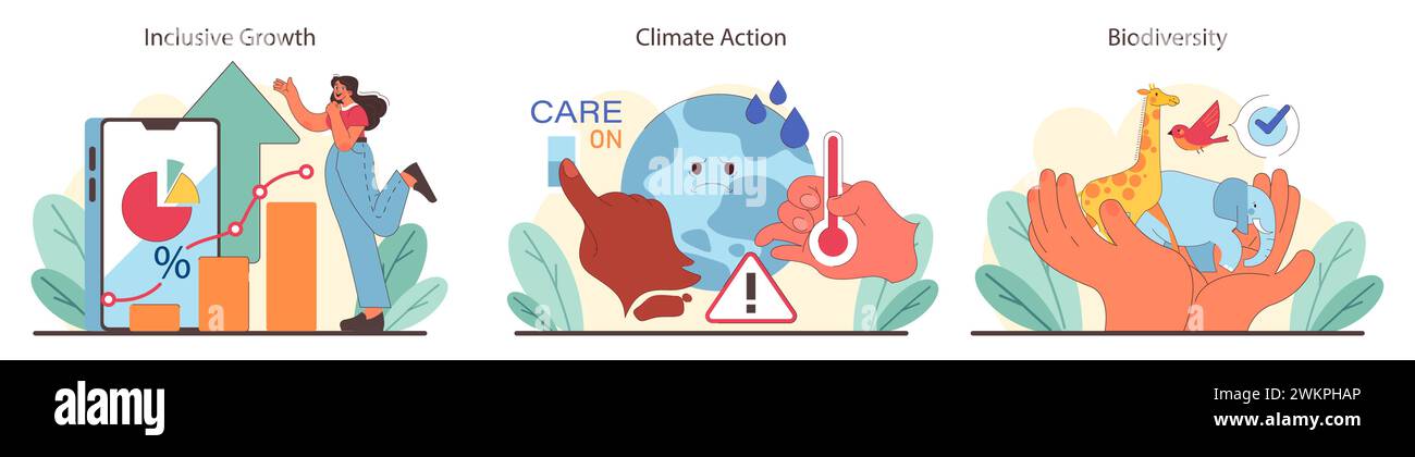 Economic equity, climate urgency, and wildlife conservation set. Charts rising in inclusive growth. Earth pleads for climate action. Hands cradle endangered species. Flat vector illustration. Stock Vector