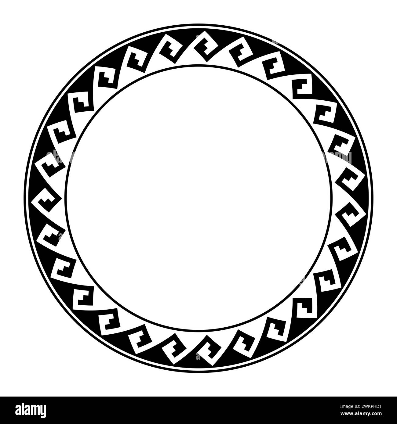 Pueblo Indian pottery motif, circle frame with meander pattern. Decorative border with serpent stepped fret pattern, seamless connected. Stock Photo