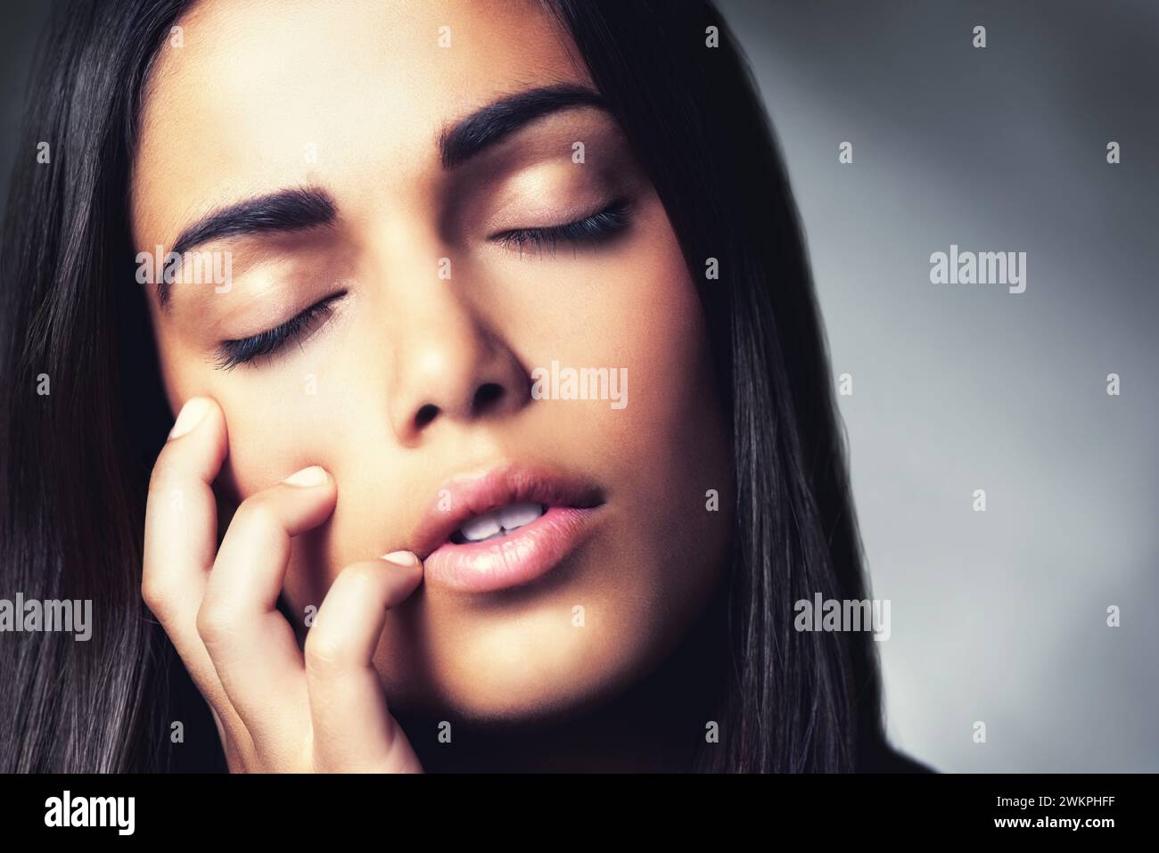 Face Rouch Face, touch and skincare of woman with eyes closed, beauty and glow ...