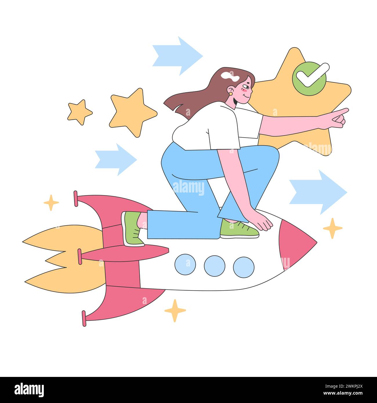 Ambition concept. Energetic woman riding a rocket towards the stars, showcasing determination and goal achievement. Pursuing dreams, rapid growth. Flat vector illustration. Stock Vector