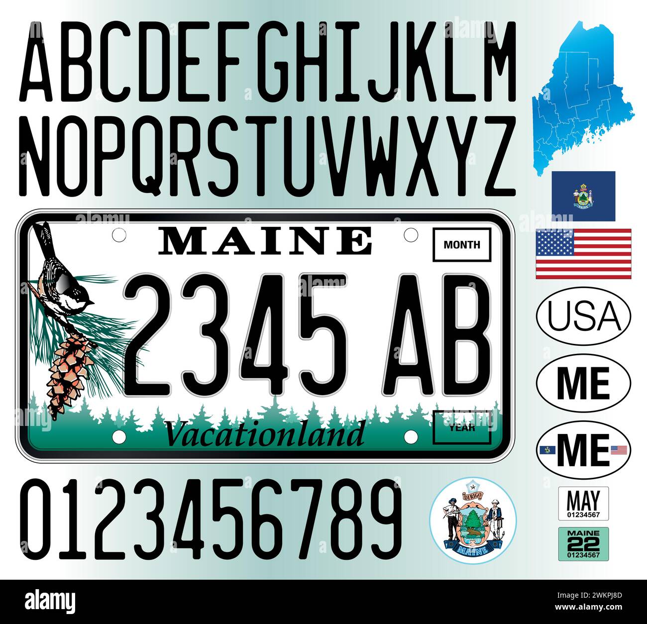 Maine car license plate pattern, letters, numbers and symbols, vector illustration, United States Stock Vector