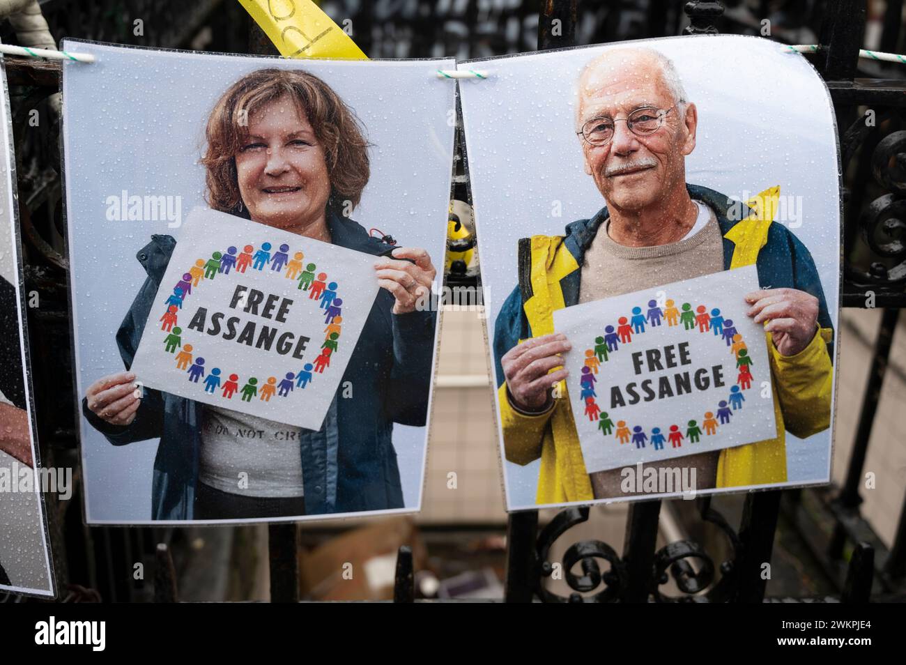 Supporters of Wikileaks founder Julian Assange demonstrate outside the Royal Courts of Justice demanding his freedom on the second day of a hearing to Stock Photo