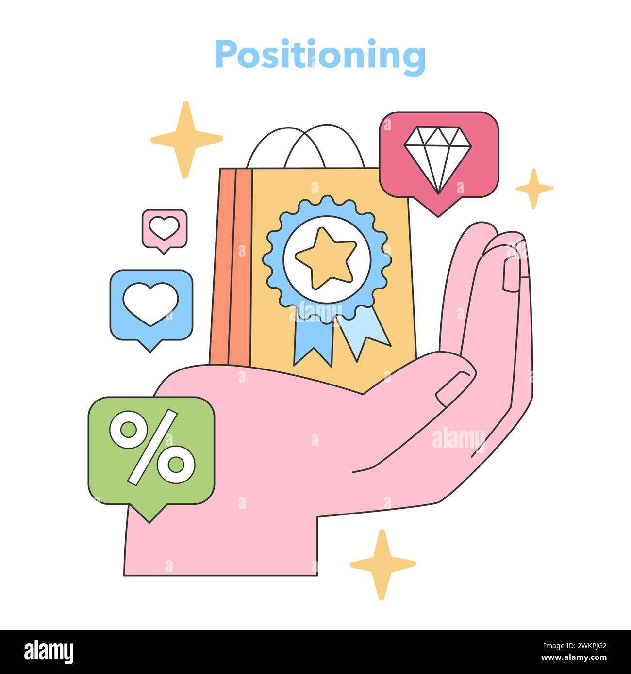 Positioning concept. A hand presents a branded bag, accentuating premium quality, customer loyalty, and special offers. Emphasizing brand value and superior market stance. Flat vector illustration Stock Vector
