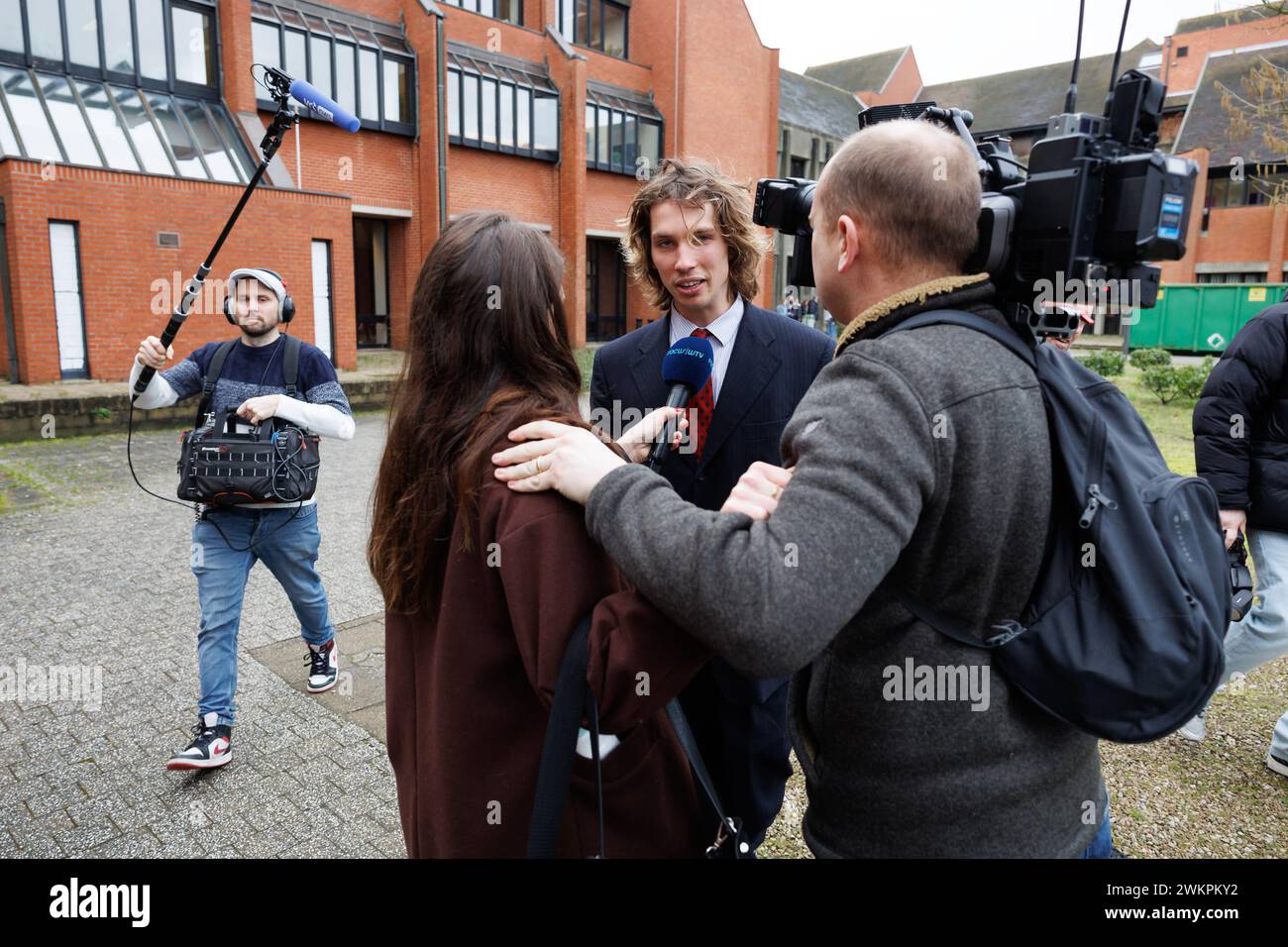 YouTuber Acid (Nathan Vandergunst) pictured during the verdict session in the trial against YouTuber Acid before the Bruges criminal court, in Brugge Thursday 22 February 2024. Vandergunst (24) from Blankenberge was summoned directly by a former member of student association Reuzegom after a controversial video. Acid must answer for, among other things, harassment and slander. This affair started when the well-known YouTuber published a video about the trial and sentencing surrounding the death of Sanda Dia during a baptism of student club Reuzegom. Acid mentioned several Reuzegommers by name Stock Photo