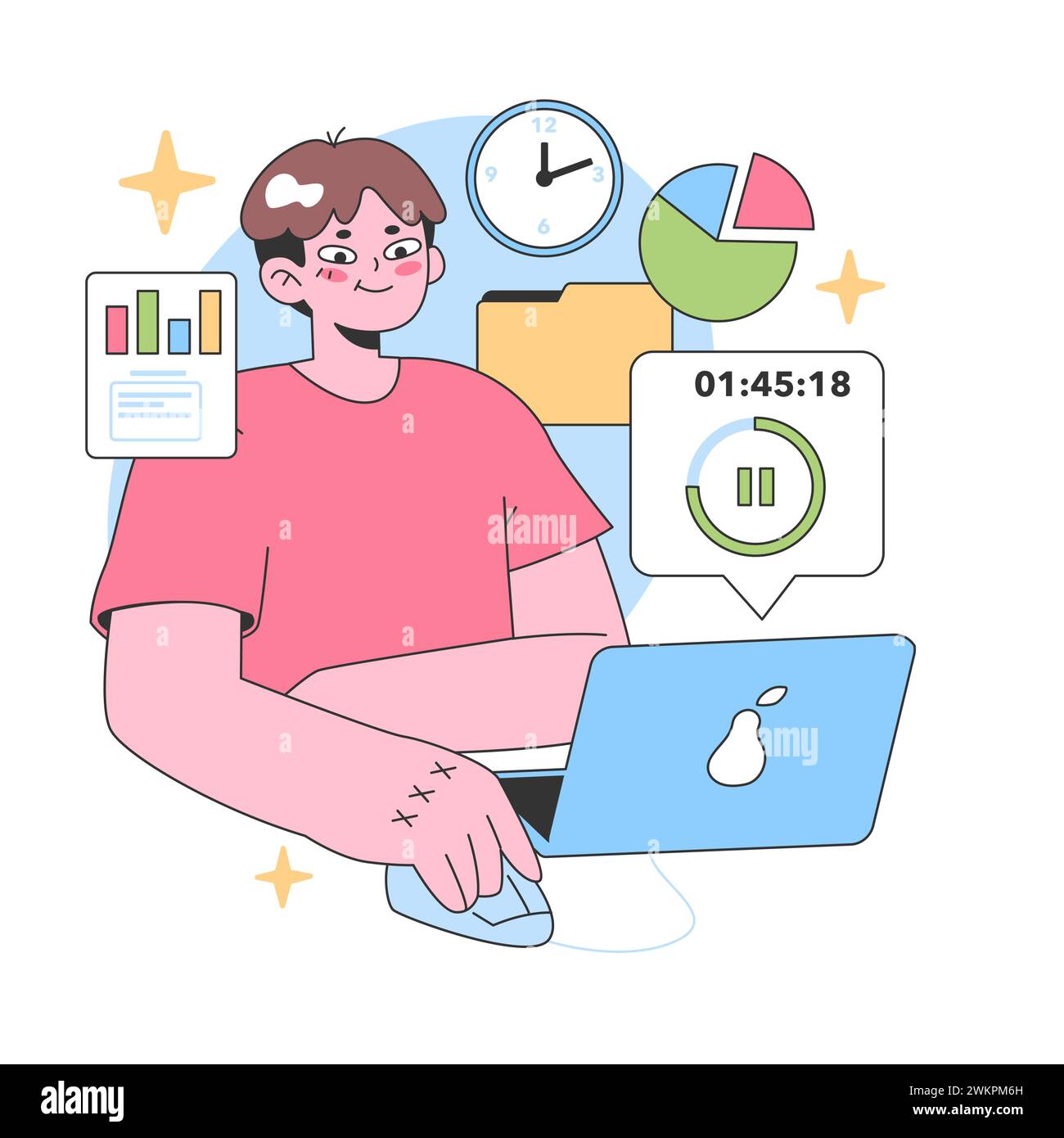 Efficient work concept. Young professional using laptop, surrounded by ...