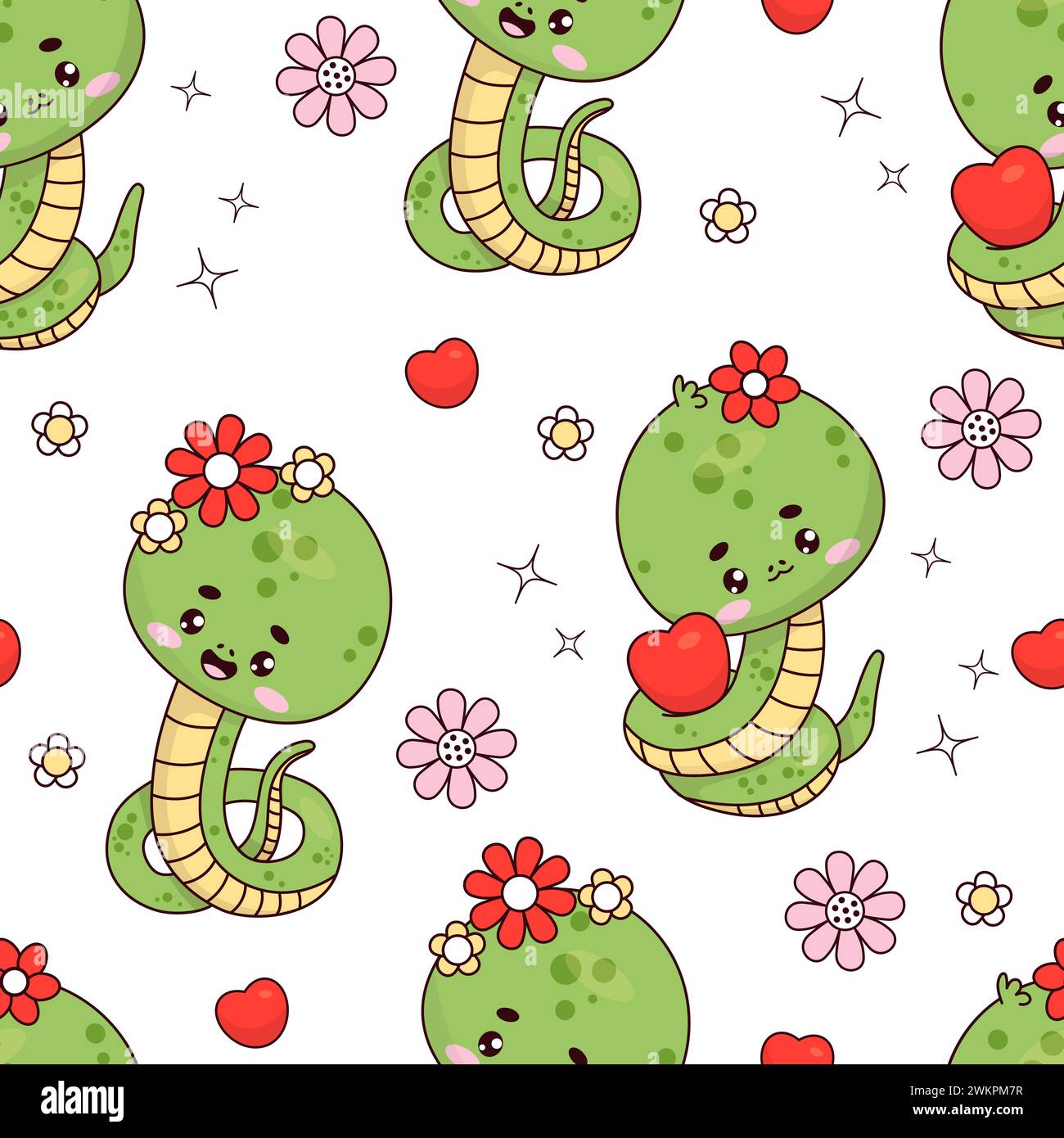 Seamless pattern with cute snake on white background with hearts and daisies. Funny kawaii reptile animal character. Vector illustration. Kids collect Stock Vector