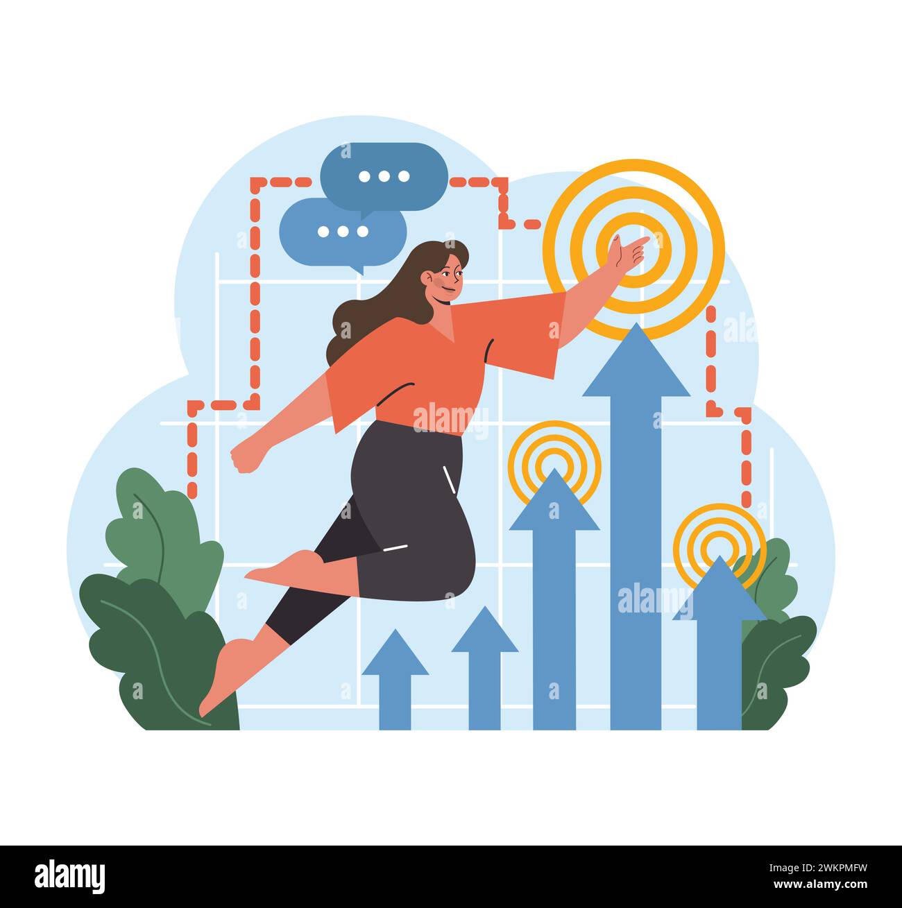 Elevated aspirations concept. Woman soaring towards targets, navigating ...