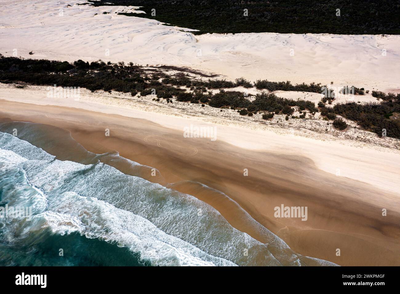 Aerial shot of Tukkee Sandblow on Fraser Island. Stock Photo
