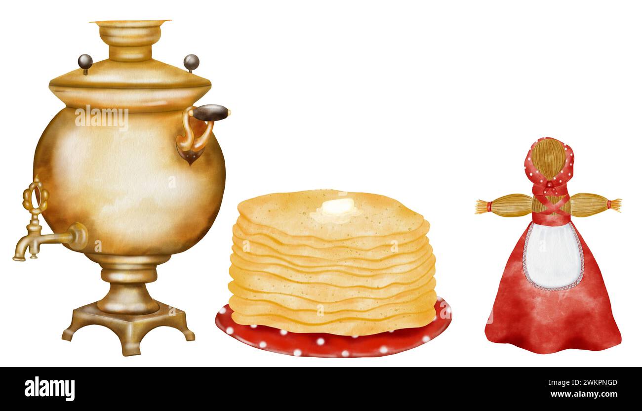 Wide Shrovetide set on isolated white background with samovar, pancakes, straw effigy. Cute traditional national traditional pictures with bagels and Stock Photo