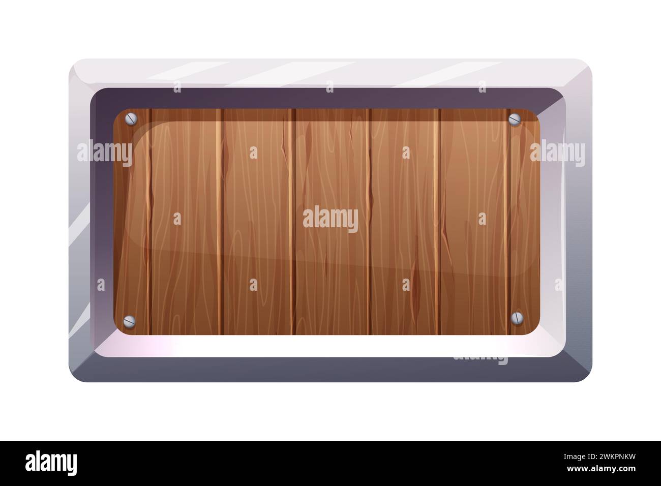Wood panel with metal border, frame in cartoon style isolated on white background. Signboard bar, menu template, game ui background. Vector illustration Stock Vector