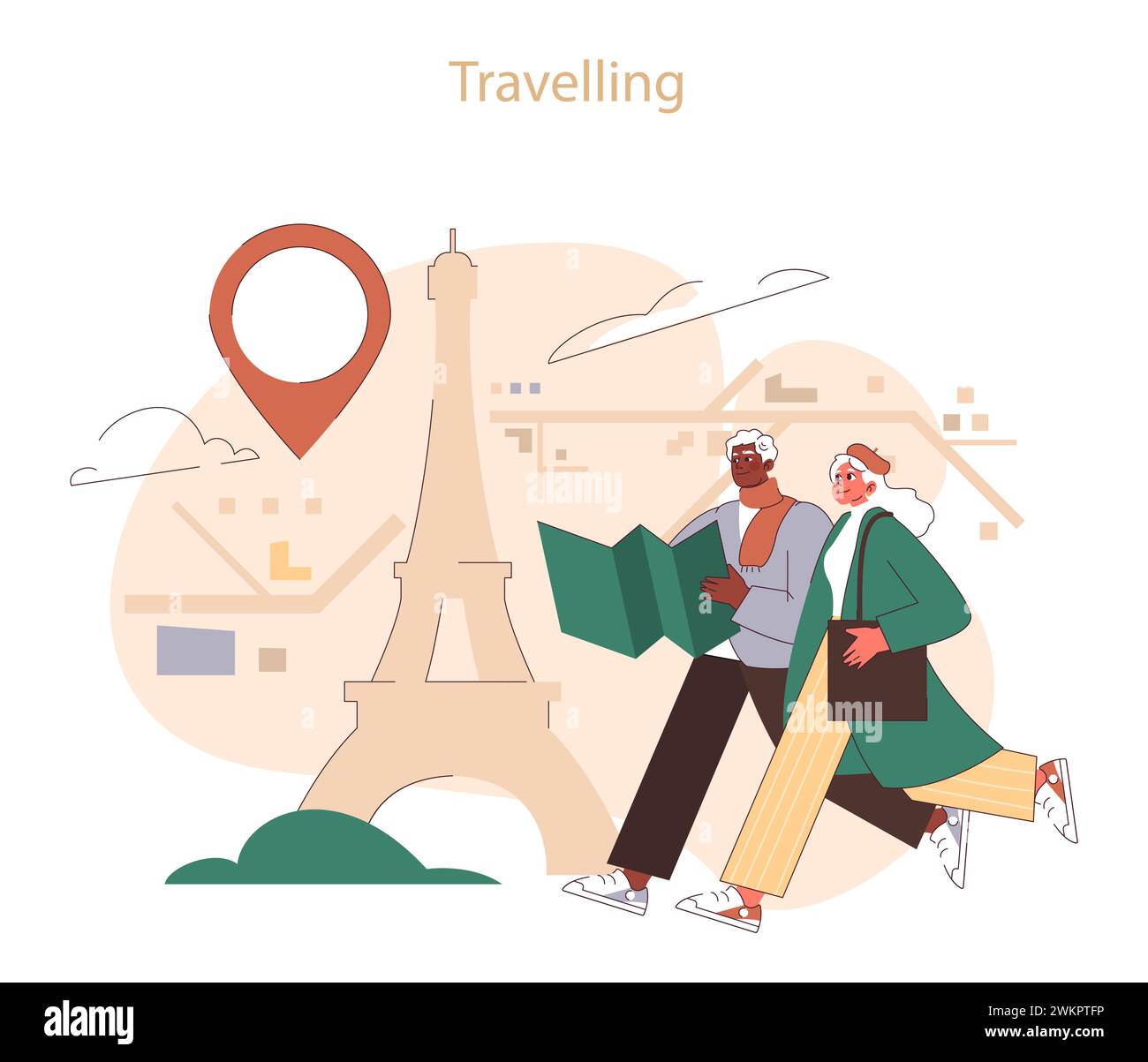 Travelling abroad. Elderly couple exploring Paris, map in hand near the Eiffel Tower. Senior travel adventures. Flat vector illustration Stock Vector