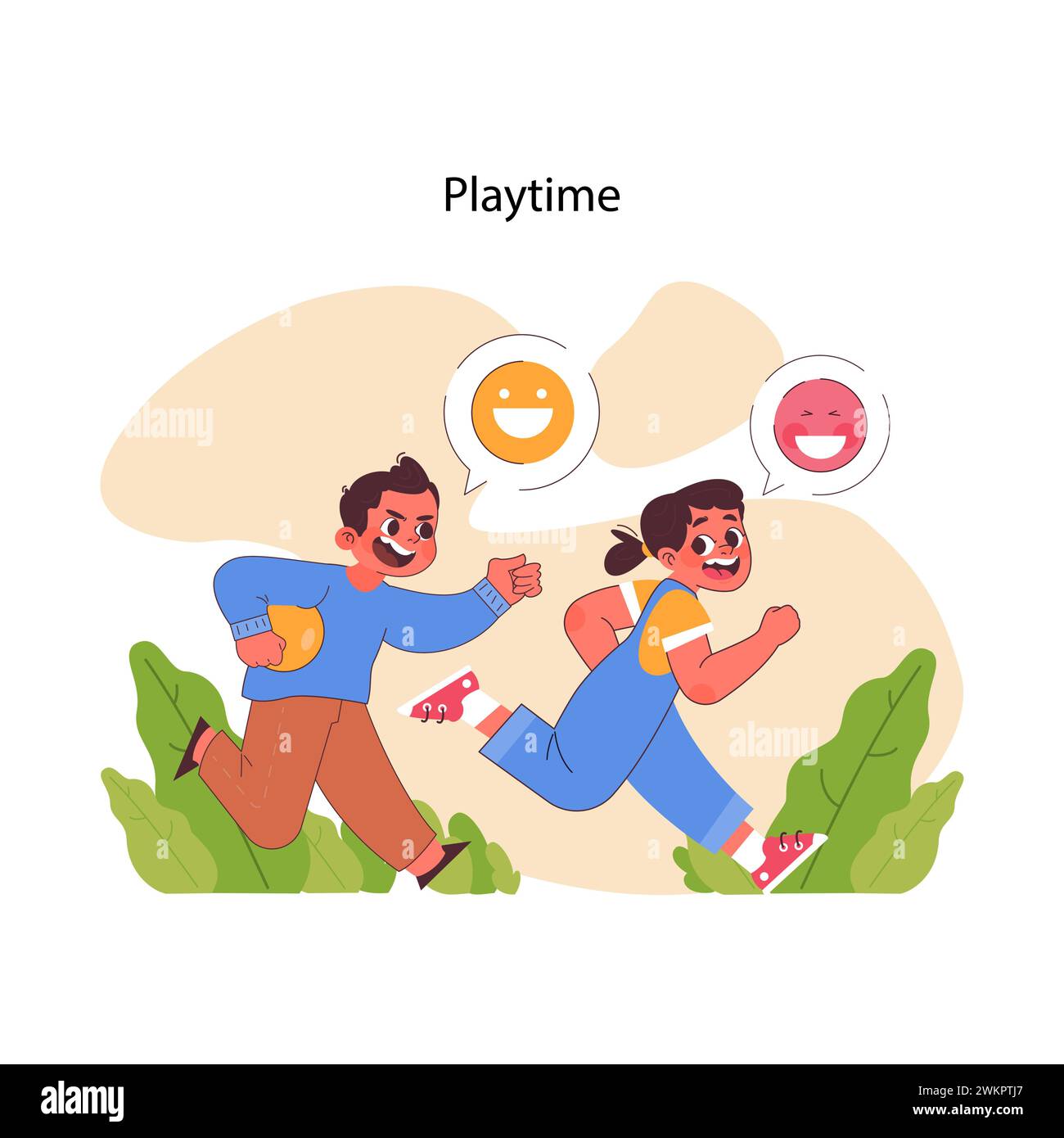 Playtime concept. Energetic kids racing outdoors, expressing happiness with smiley faces, embracing childhood moments. Playing together with friends, having fun. Flat vector illustration Stock Vector