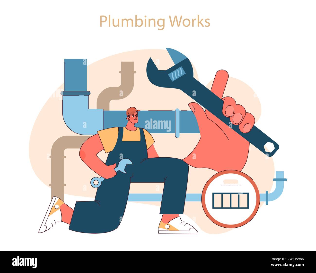 Plumbing works. A skilled plumber with tools at the ready for pipe repairs and maintenance, ensuring system efficiency. Flat vector illustration Stock Vector
