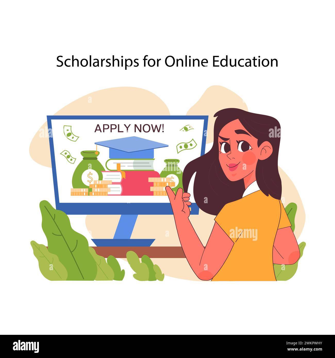 Scholarships for online education concept. Female learner applies for