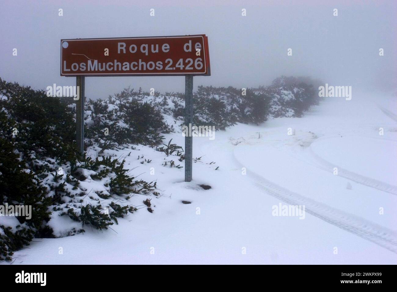 road sign for highest mountain of La Palma Roque de los Muchachos, Canary Islands, Spain Stock Photo