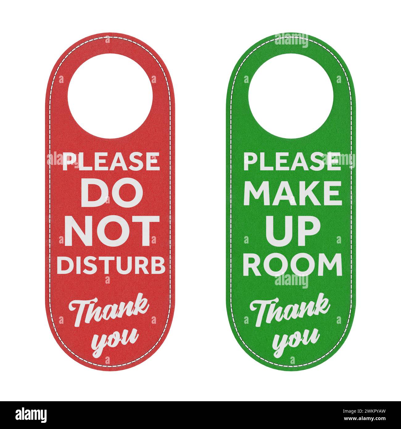 Hotel Room Leather Do Not Disturb and Make Up Room Hanging Sign on a white background. 3d Rendering Stock Photo