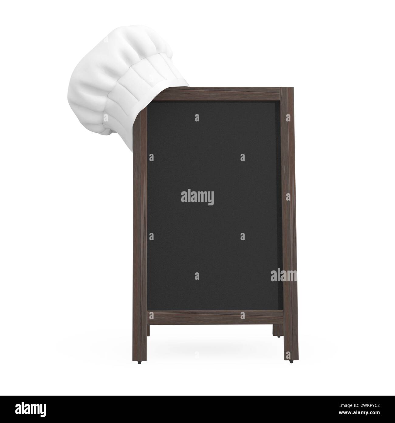 White Clear Professional Chef Hat with Blank Wooden Menu Blackboard Outdoor Display on a white background. 3d Rendering Stock Photo