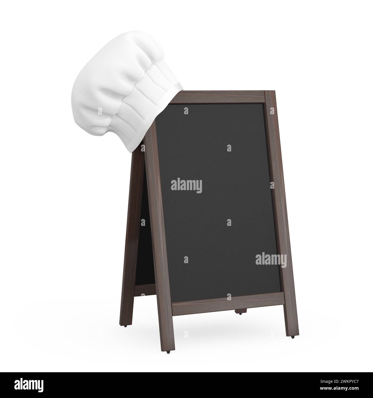 White Clear Professional Chef Hat with Blank Wooden Menu Blackboard Outdoor Display on a white background. 3d Rendering Stock Photo