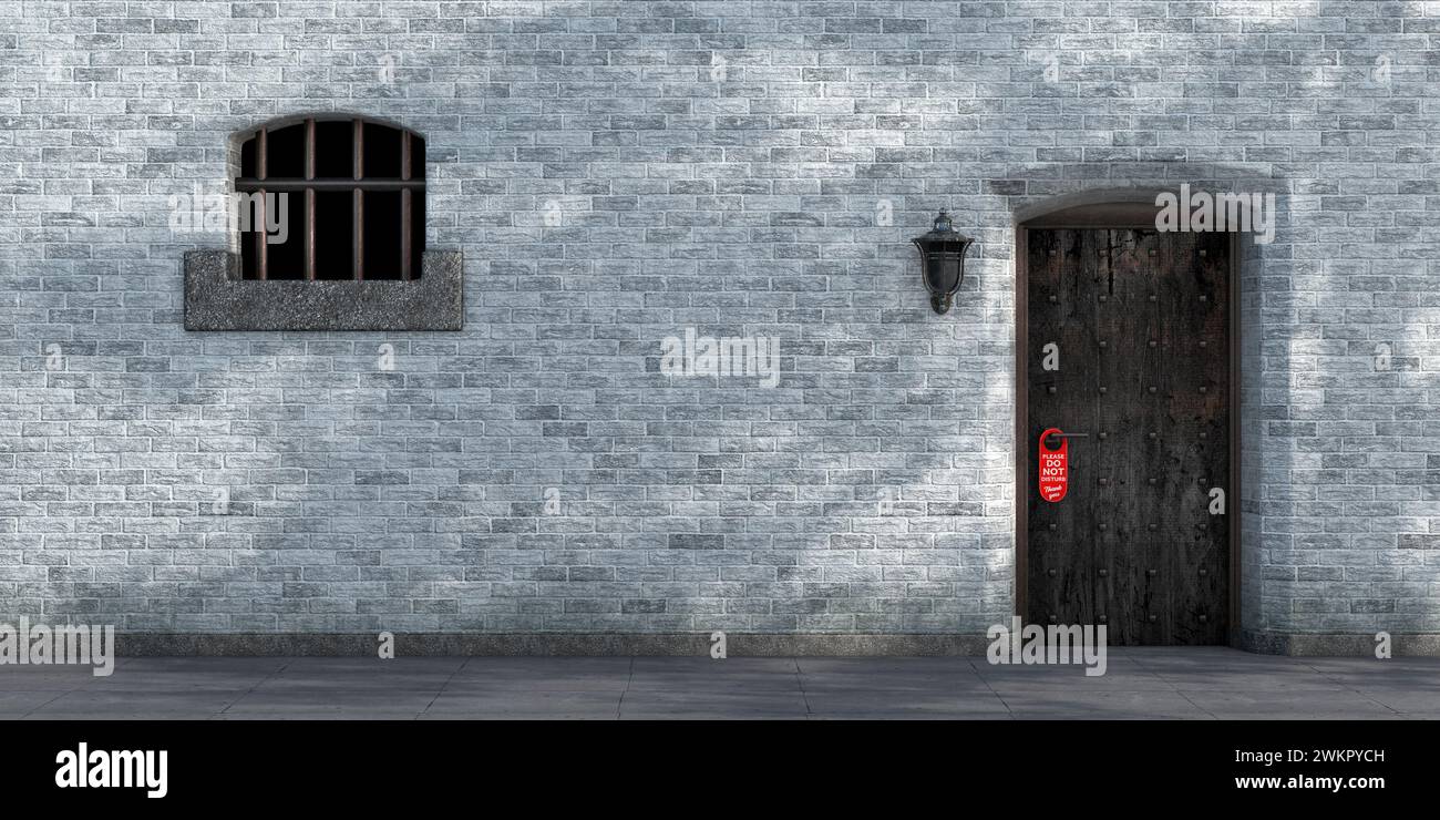 Red Do Not Disturb Sign Hanging on a Prison Rusted Entrance Door with ...
