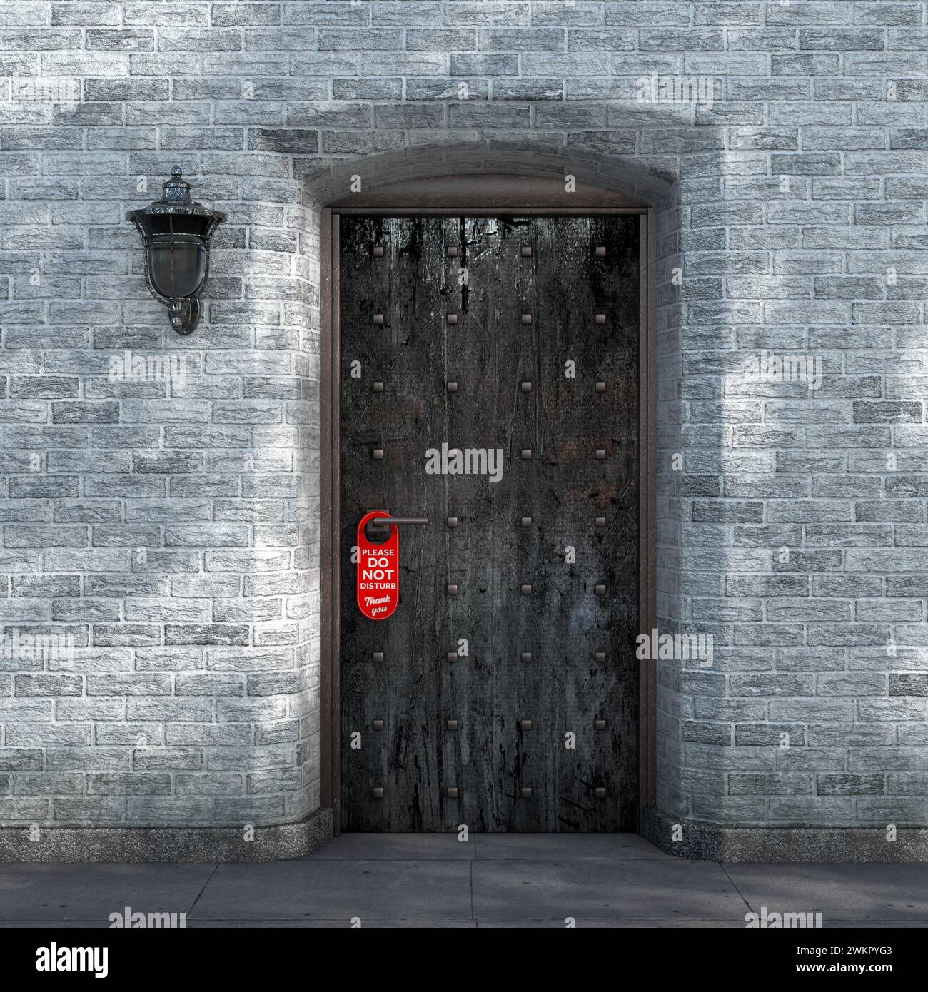 Red Do Not Disturb Sign Hanging on a Prison Rusted Entrance Door with ...