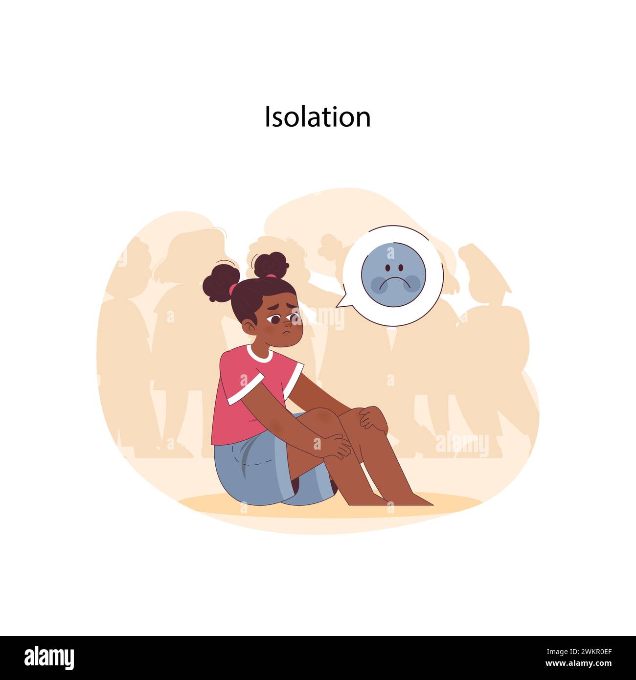 Isolation concept. A young girl sitting alone, her expression reflecting sadness and loneliness, encapsulating the challenges of childhood solitude. Flat vector illustration Stock Vector