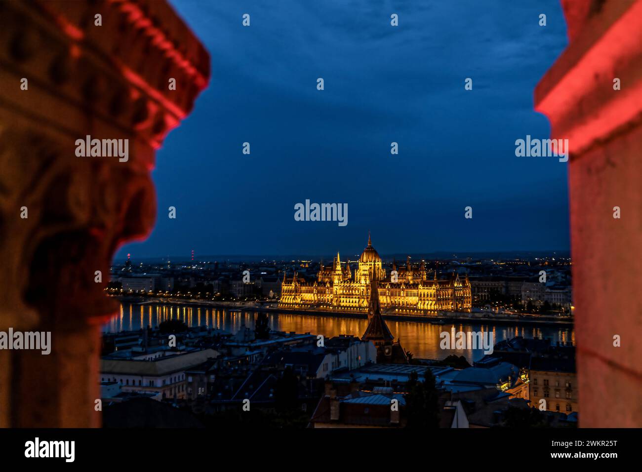 Night view on Hungarian Parliament Building in Budapest from Fisherman's Bastion. Stock Photo