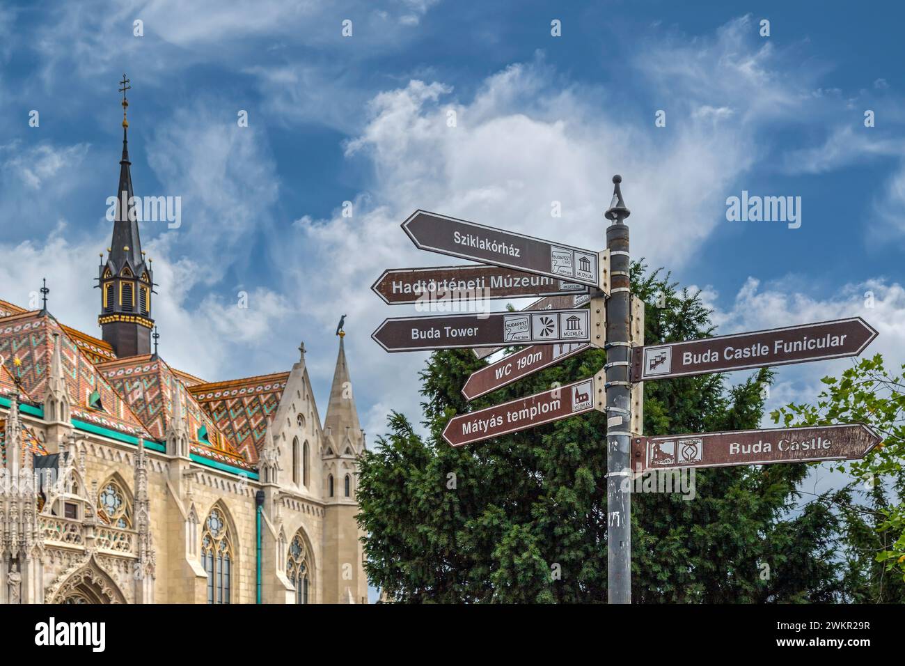 BUDAPEST, HUNGARY - AUGUST 23, 2021: Info Point located in Szentháromság square with street signs marking the direction to the famous sites to visit i Stock Photo