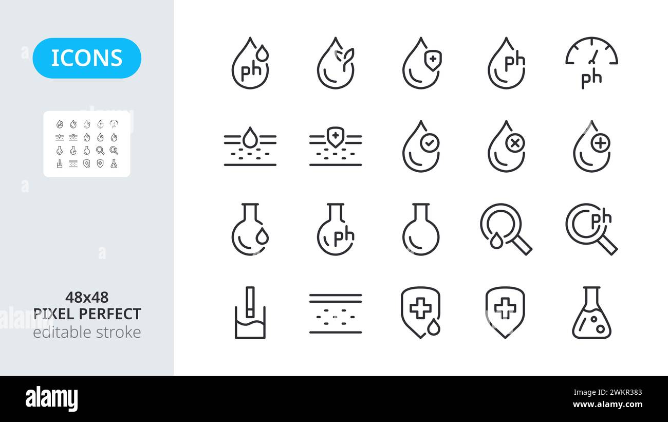 Water balance icons. Test for measuring ph. Paraben free. Safe for skin. Hypoallergenic organic product. Set line icons on white isolated background. Pixel perfect, editable stroke. Stock Vector