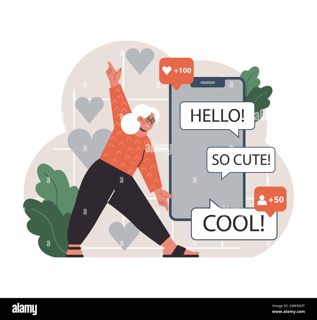 Joyful senior woman embraces online dating, receiving likes and messages on her mobile profile with enthusiasm. Flat vector illustration Stock Vector