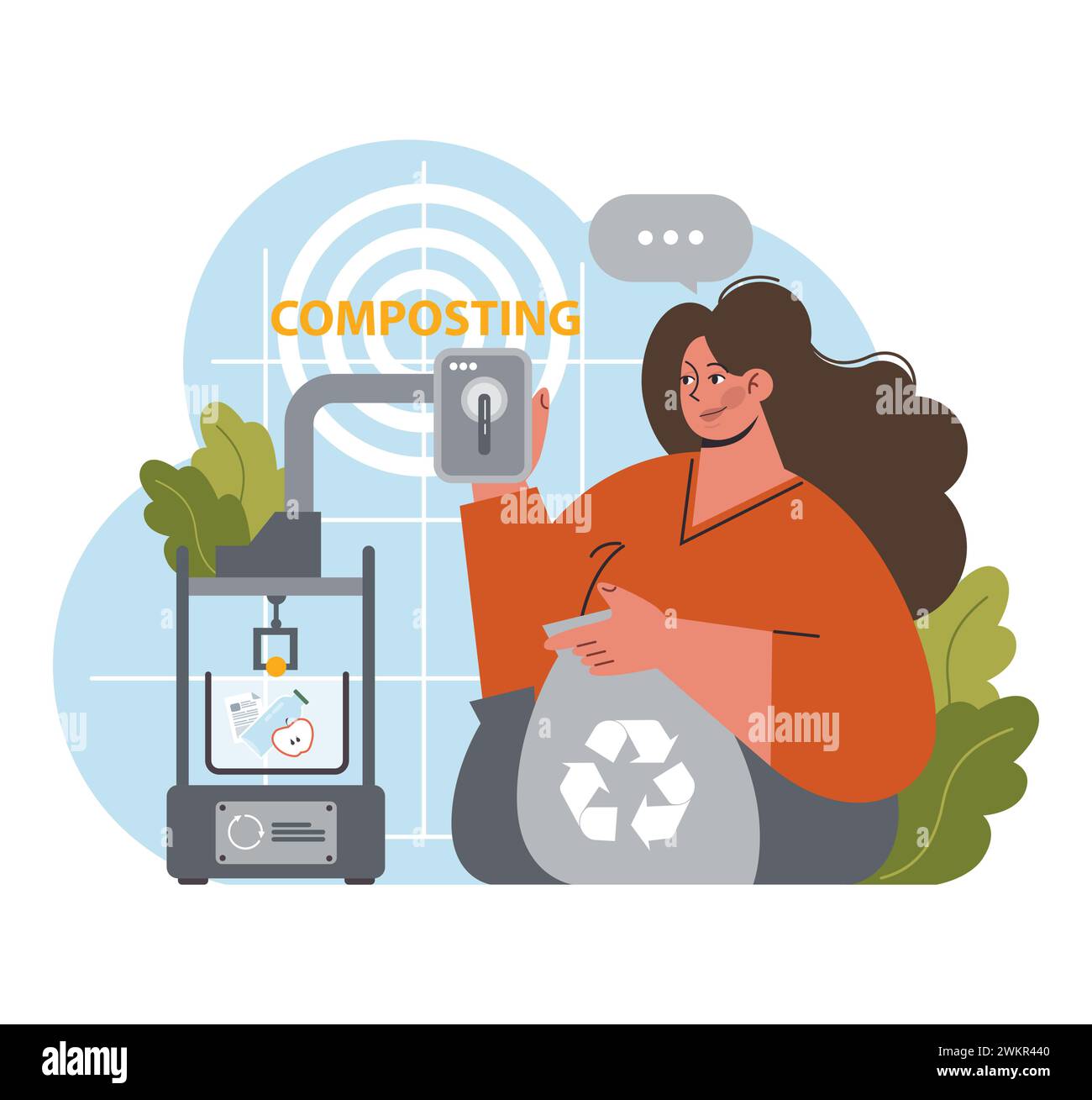 Cheerful woman guides composting process in urban setting. Efficient