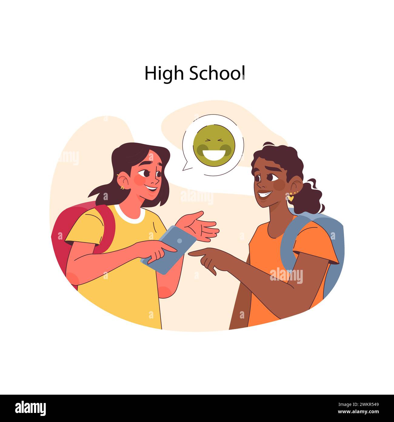 High school concept. Two teenage students exchange cheerful conversation, cracking jokes and having laugh. Social interactions and communication with friends in adolescence. Flat vector illustration. Stock Vector