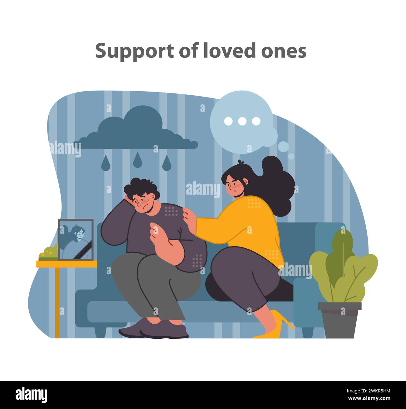 Support in sorrow. A comforting embrace amidst the grief, signifying unwavering familial love and support. Flat vector illustration. Stock Vector