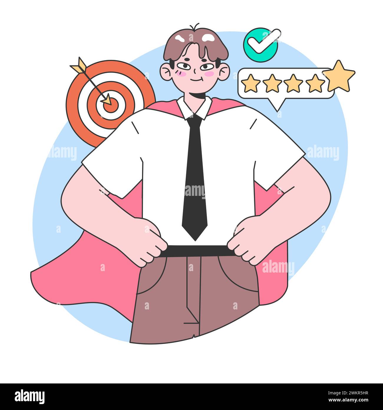 Performance excellence concept. Confident man with superhero cape, hitting the bullseye and receiving a five-star review, signifying top-notch achievement and success. Flat vector illustration. Stock Vector