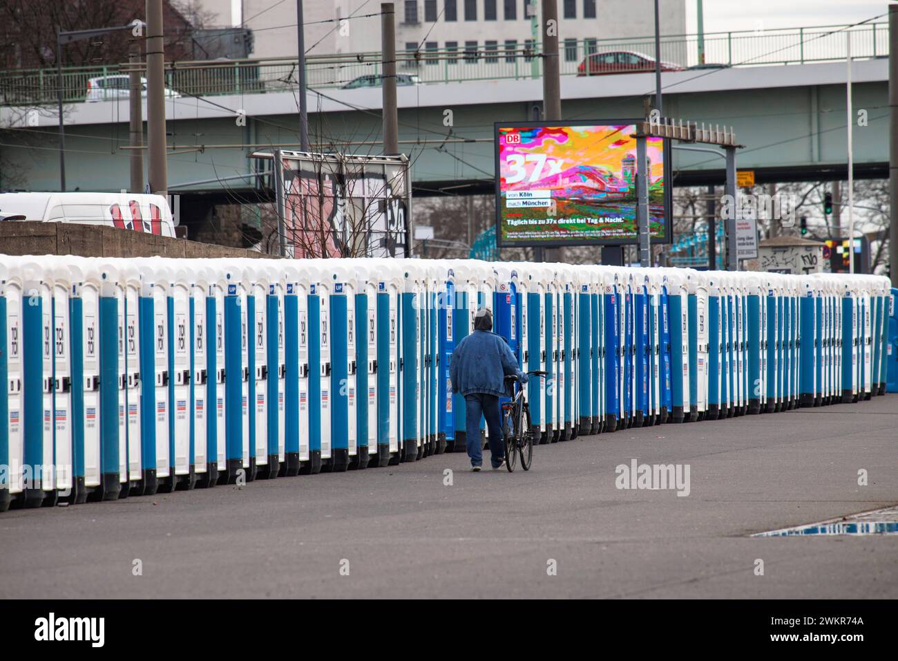 a large number of porta-potties are located after the carnival days at Deutzer Werft, banks of the Rhine in the district Deutz, Cologne, Germany. 15.0 Stock Photo