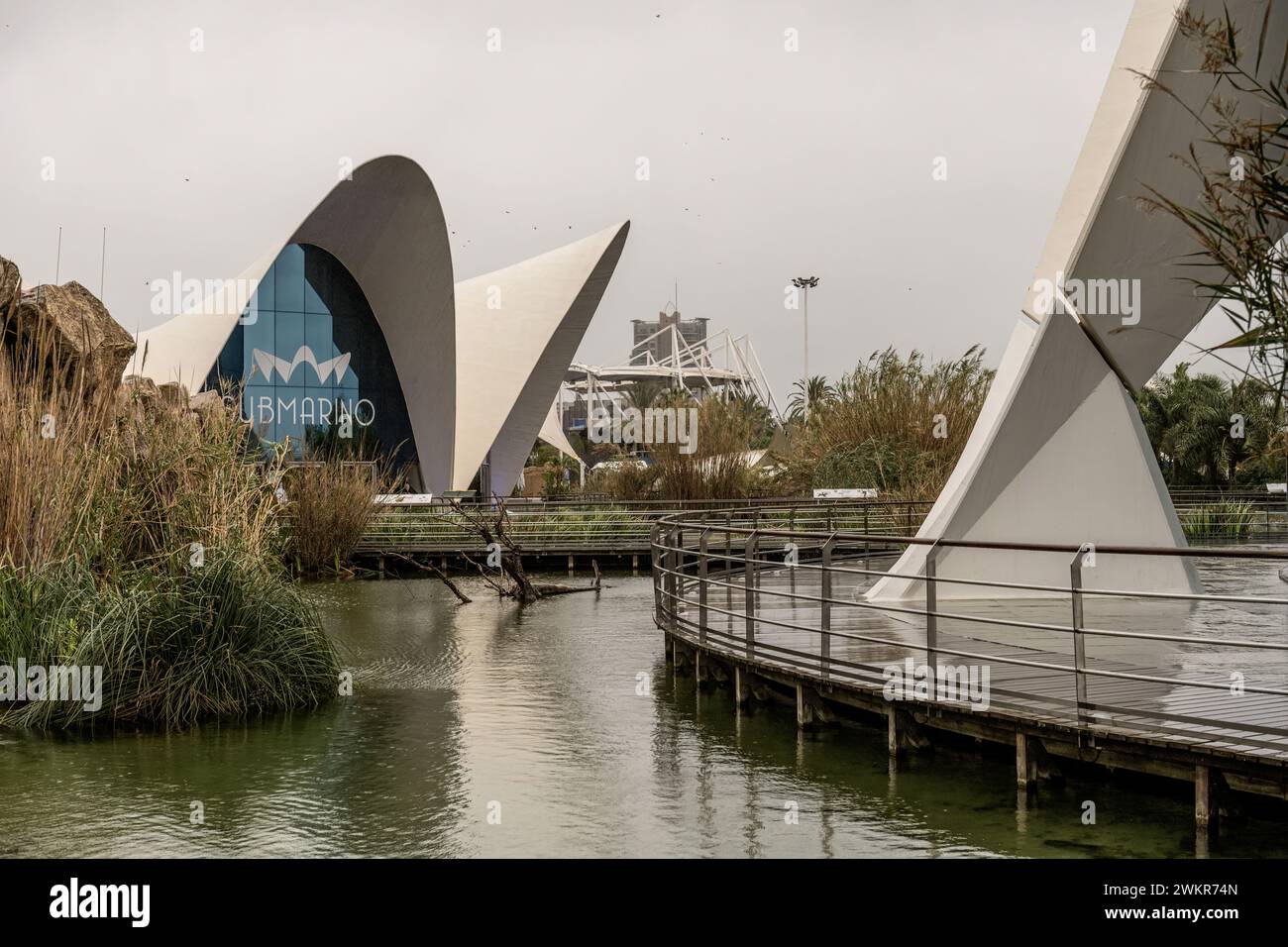 The striking modern architecture of the Oceanografic, the largest aquarium in Europe, on a rainy day in Valencia, Spain Stock Photo
