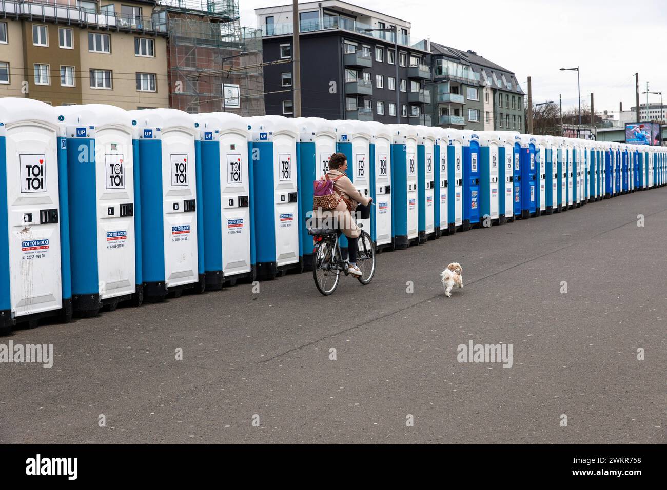 a large number of porta-potties are located after the carnival days at Deutzer Werft, banks of the Rhine in the district Deutz, Cologne, Germany. 15.0 Stock Photo