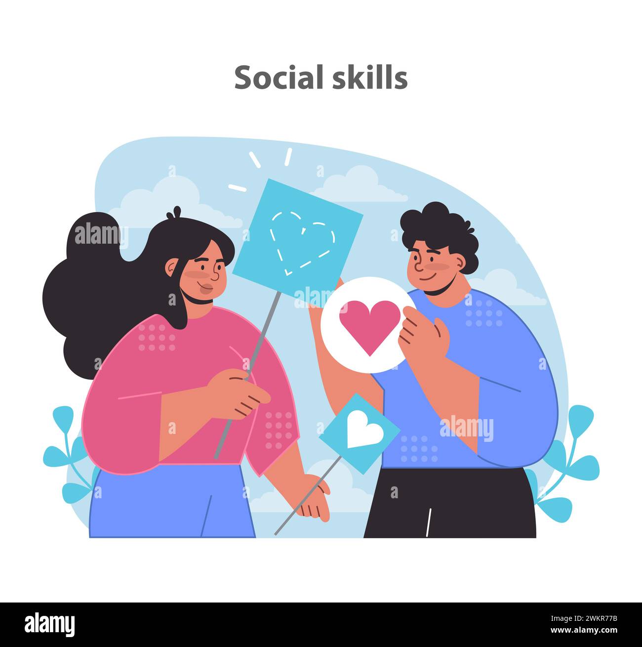 Social skills enhancement set. Illustrating interpersonal connection and heartwarming interactions. Flat vector illustration. Stock Vector