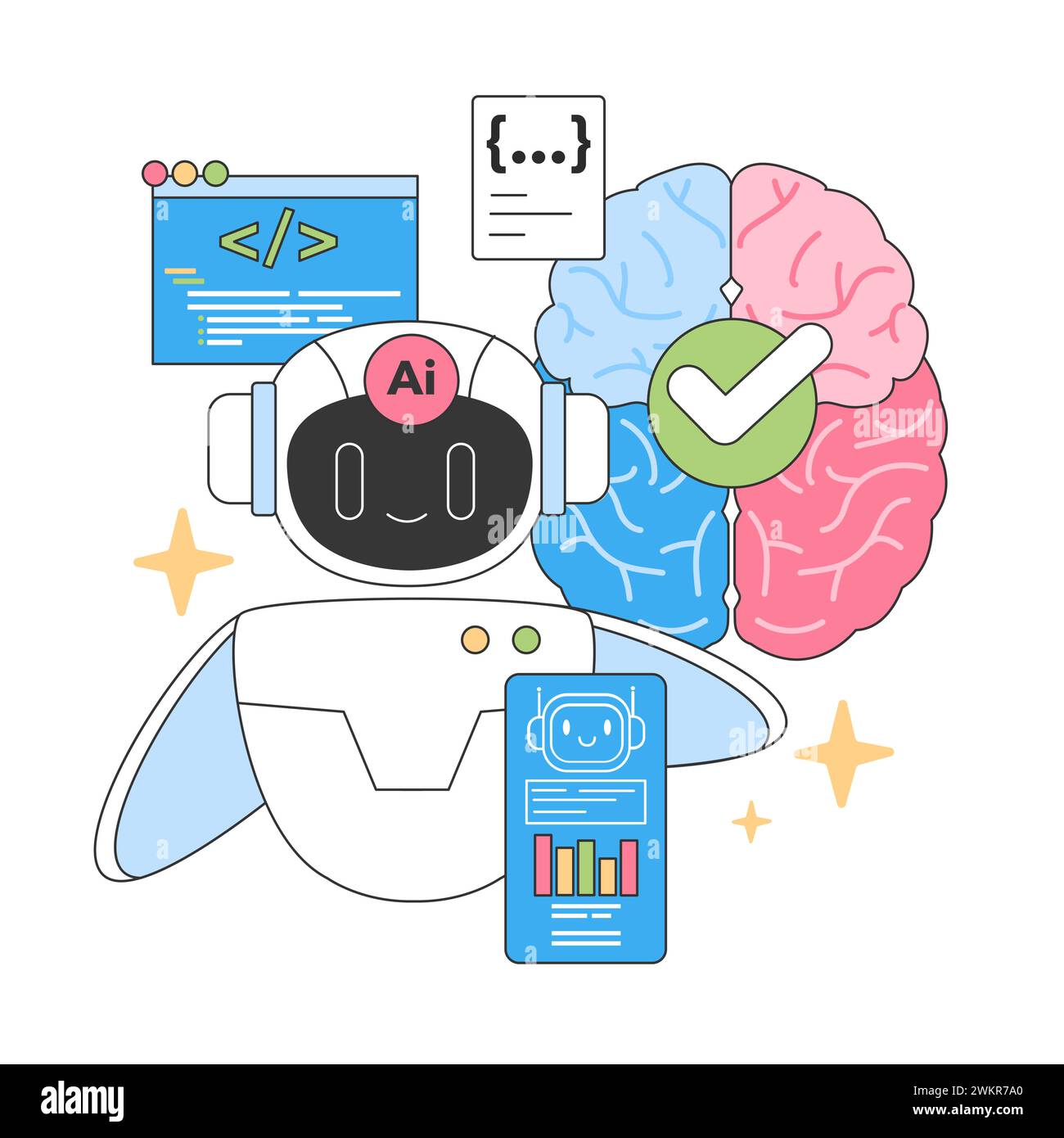 AI prowess in action. Smiling robot with a brain interface showcases ...