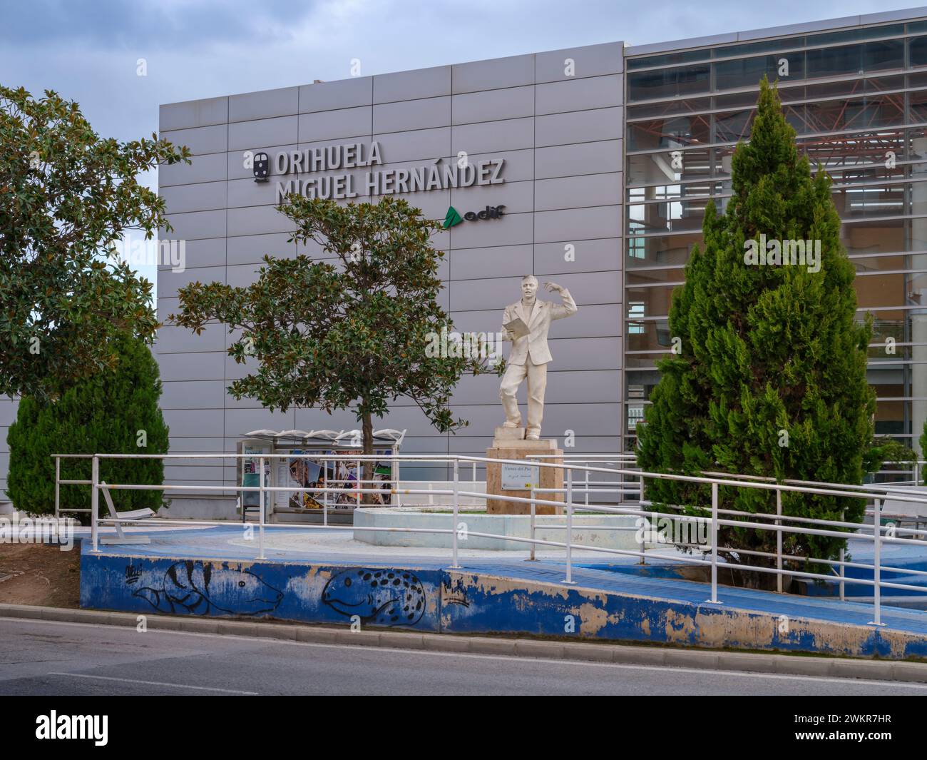 Orihuela Miguel Hernández is the Train Station and transport hub for Orihuela, Alicante, Spain. It is named after the famous Spanish Civil War poet. Stock Photo