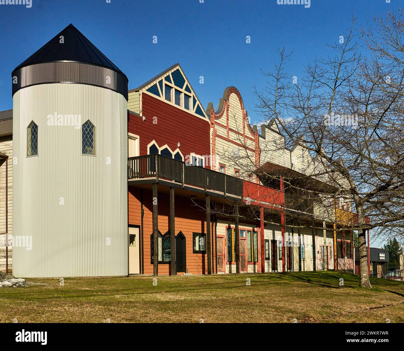 A scenic view of the colorful facade of a museum in a village with a rich coal mining history in Cumberland Museum Stock Photo